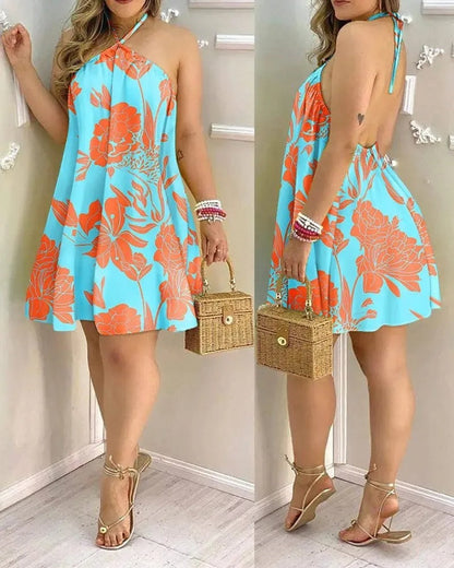 Backless summer dress with tropical print and halterneck - IslandDream