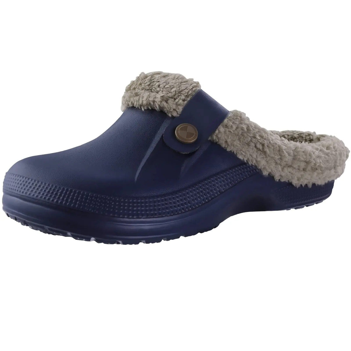 Navy blue clog with light grey faux fur lining and a brass-coloured button strap 3