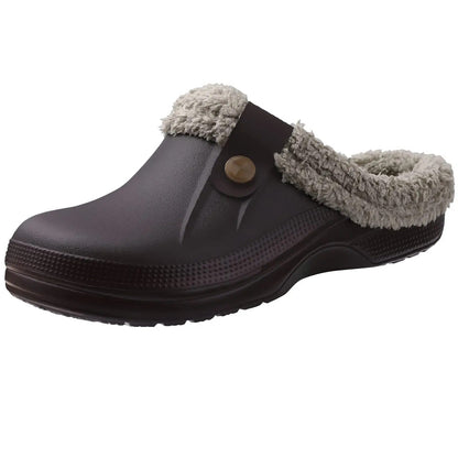 Dark brown clog with grey faux fur lining and button strap, viewed from the front 4