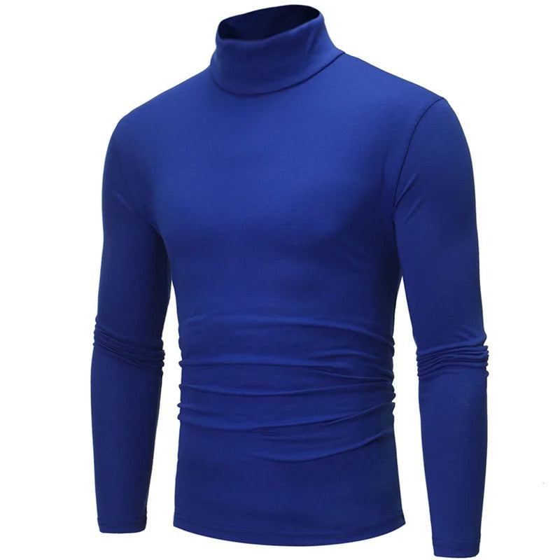 Royal blue long-sleeved high neck top, front view at a slight angle 5