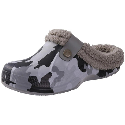 Clog with grey and black camouflage pattern and grey faux fur lining, angled front view 5
