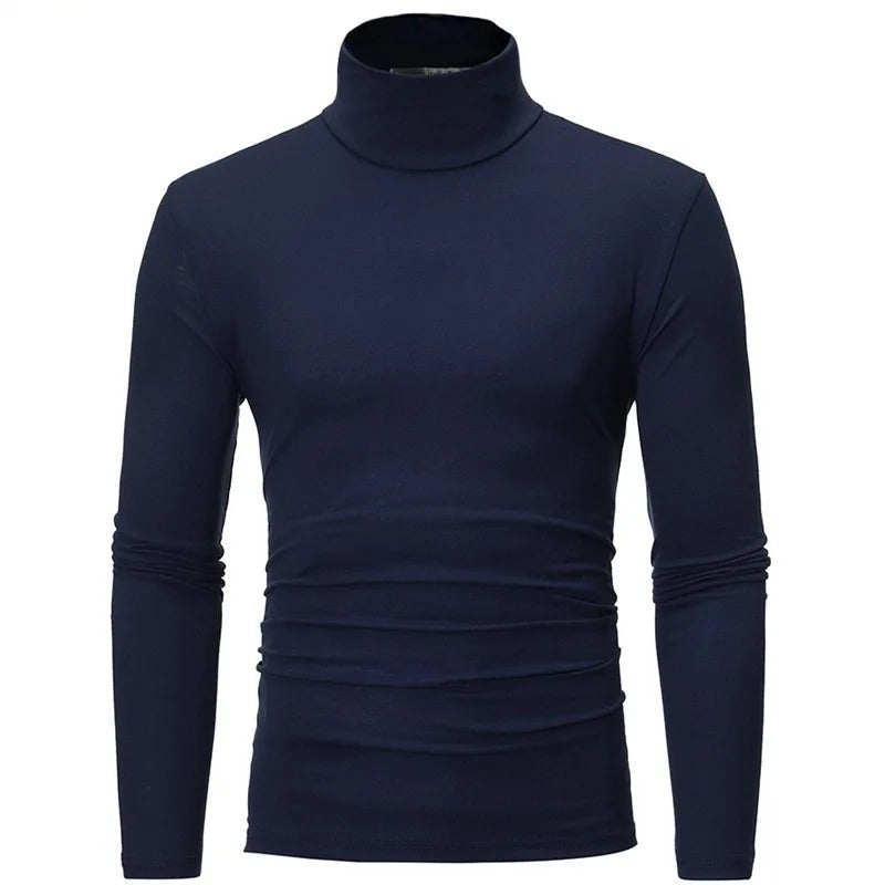 Navy blue long-sleeved high neck top, front view on a plain white background 6