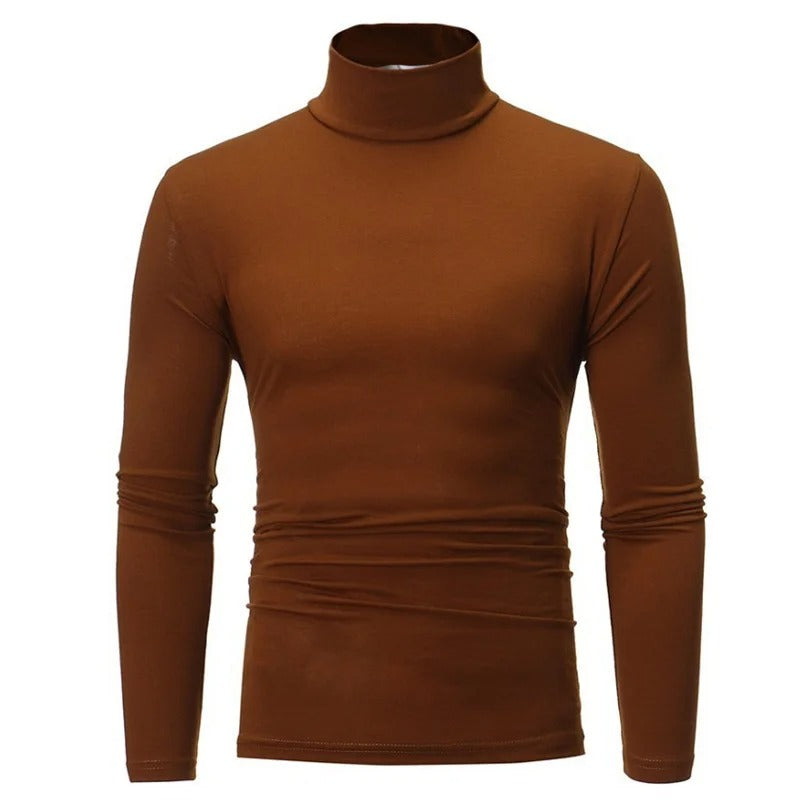 Brown long-sleeved high neck top, front view on a plain white background 7