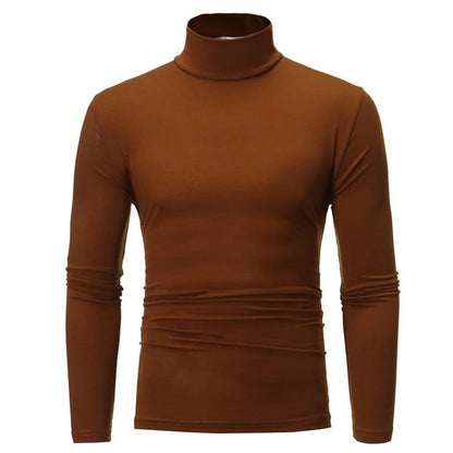 Brown long-sleeved high neck top, front view on a plain white background 7