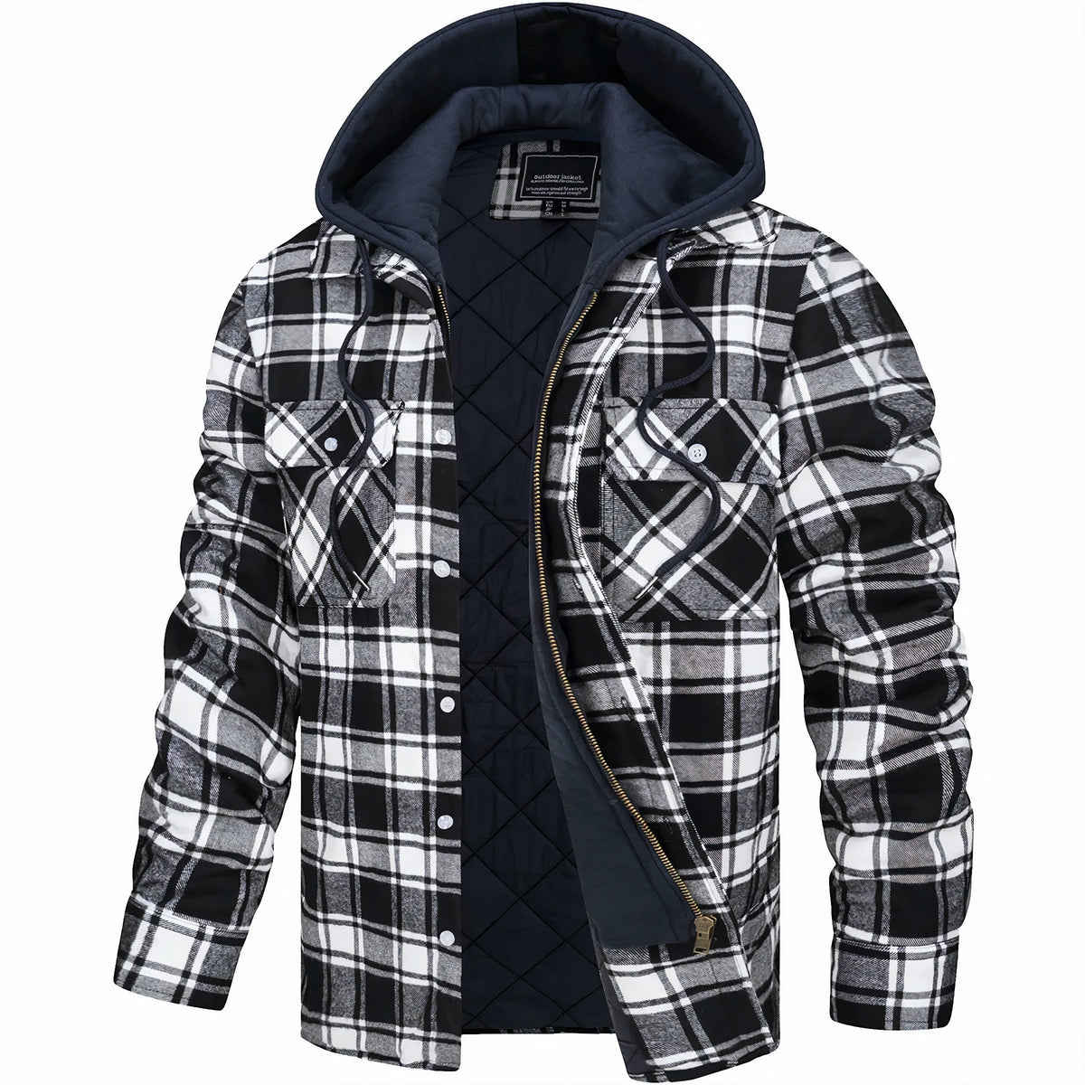 Hooded jacket in black, white and grey check, open front showing diamond-quilted lining and drawstrings 4