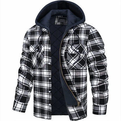 Hooded jacket in black, white and grey check, open front showing diamond-quilted lining and drawstrings 4