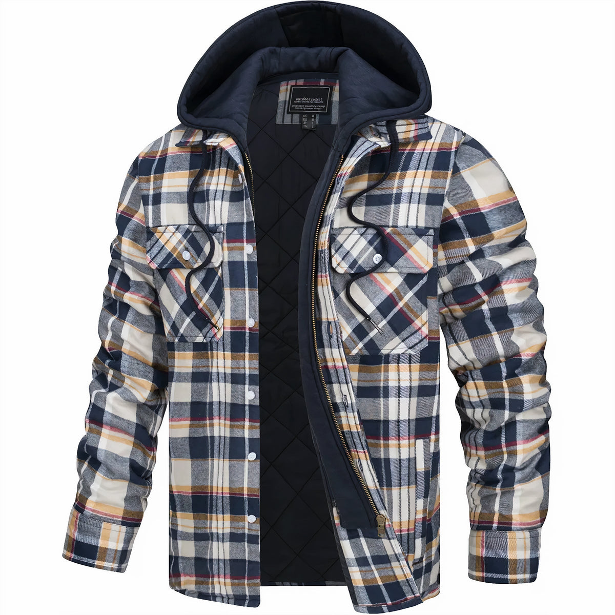 Hooded jacket in cream, navy and mustard check with thin red lines, open to show quilted lining 6