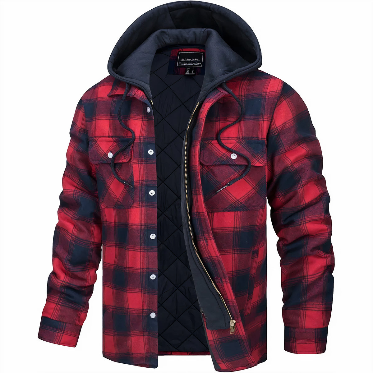 Hooded plaid jacket in red and navy check, unzipped to show the quilted lining 1