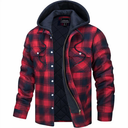 Hooded plaid jacket in red and navy check, unzipped to show the quilted lining 1
