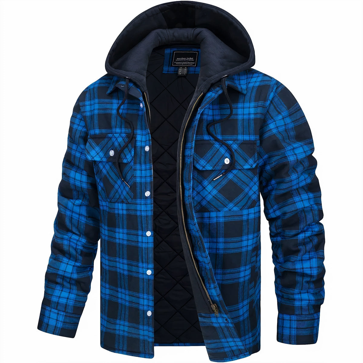 Hooded jacket in bright blue and black check, unzipped to reveal the quilted lining and chest pockets 3