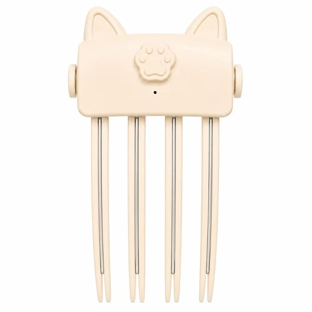 Cream cat-ear styler on a plain white background, front view with four prongs and side dials 9