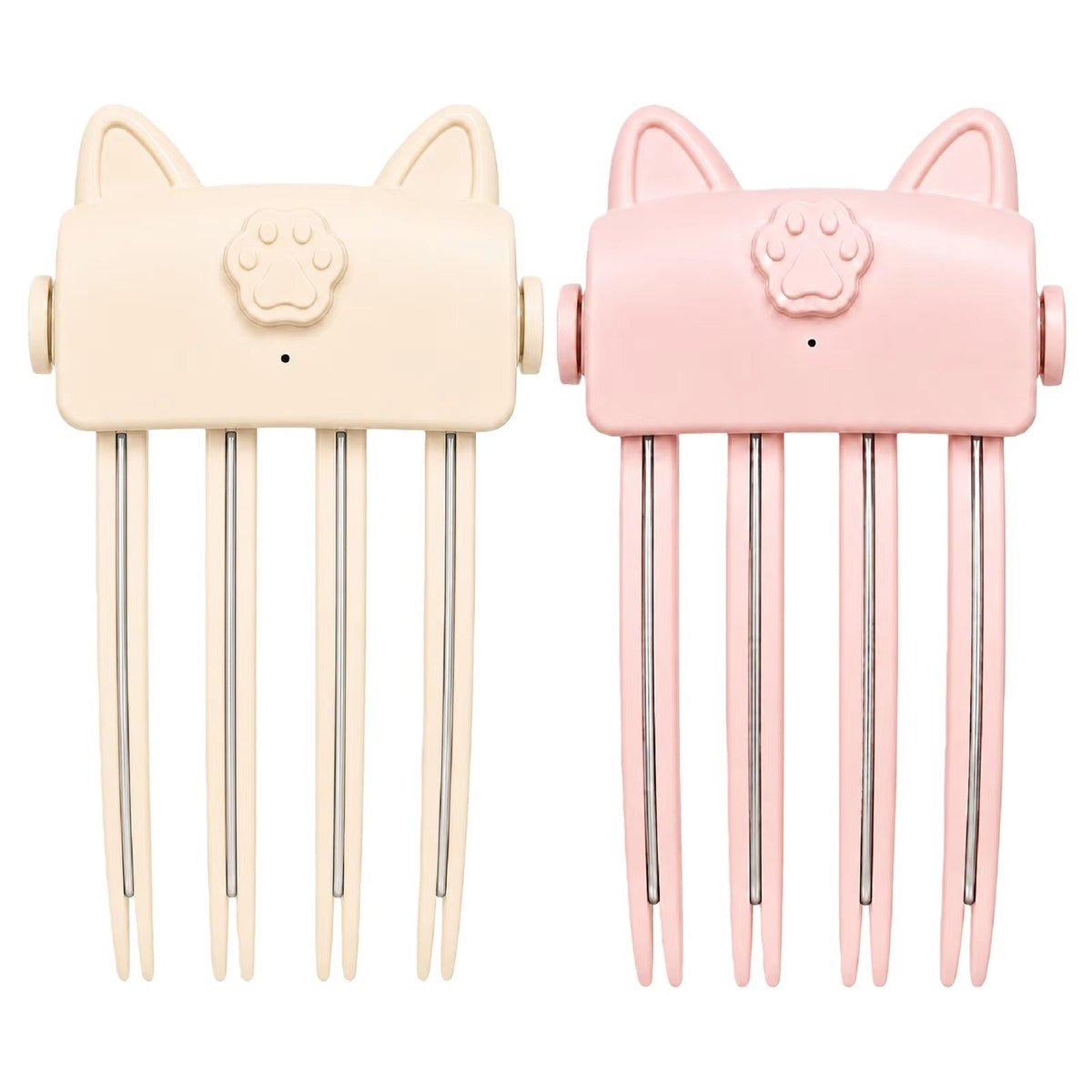 Cream and pink versions of the cat-ear styler side by side, showing four prongs with metal strips 7