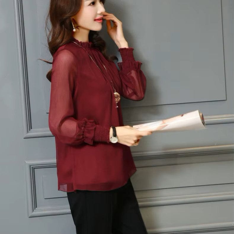 Stylish women's chiffon blouse with ruffles & sheer sleeves – Herbstzauber Elina