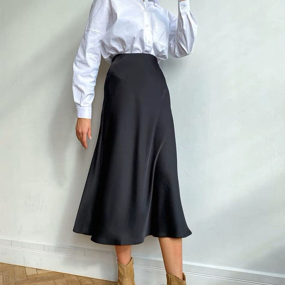 Satin shimmering women's midi skirt in A-line with high waist – Liora