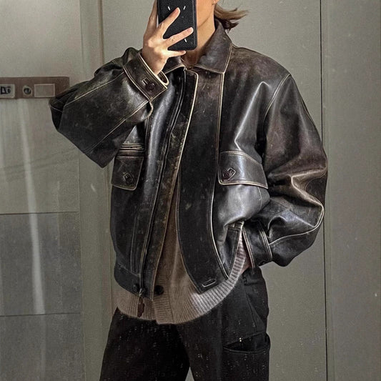 Women's Vintage Leather Jacket in Retro Style – Kayna