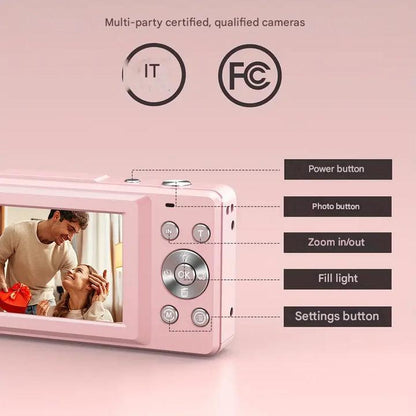 Back of a pink camera with its screen and labelled buttons for power, photo, zoom and settings 4