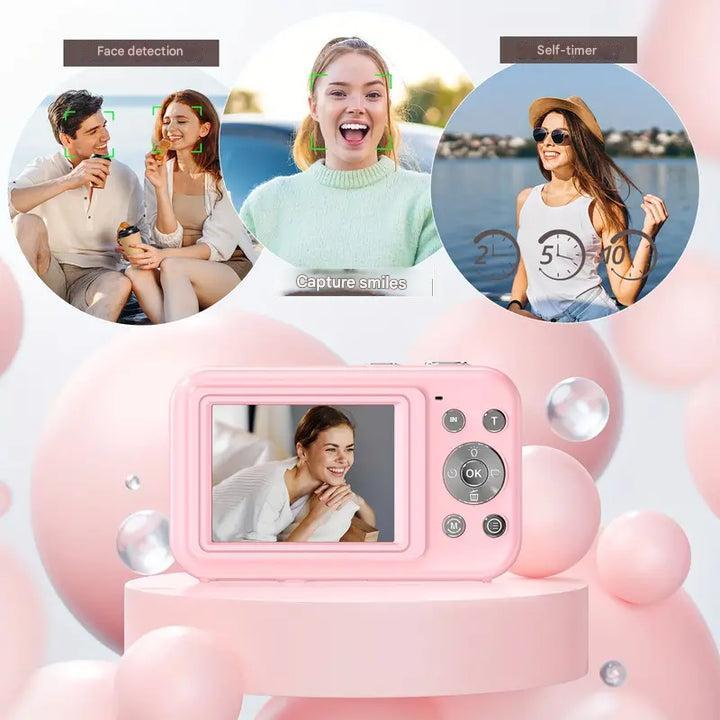 Pink camera on a pink podium among bubbles, with circular photos illustrating face detection and the self-timer 5