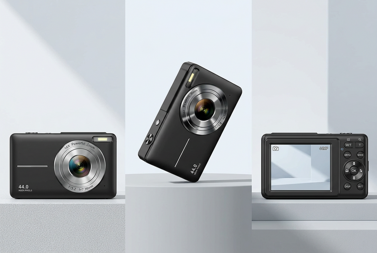 Black camera shown from the front, tilted on a podium, and from the back with its screen 12