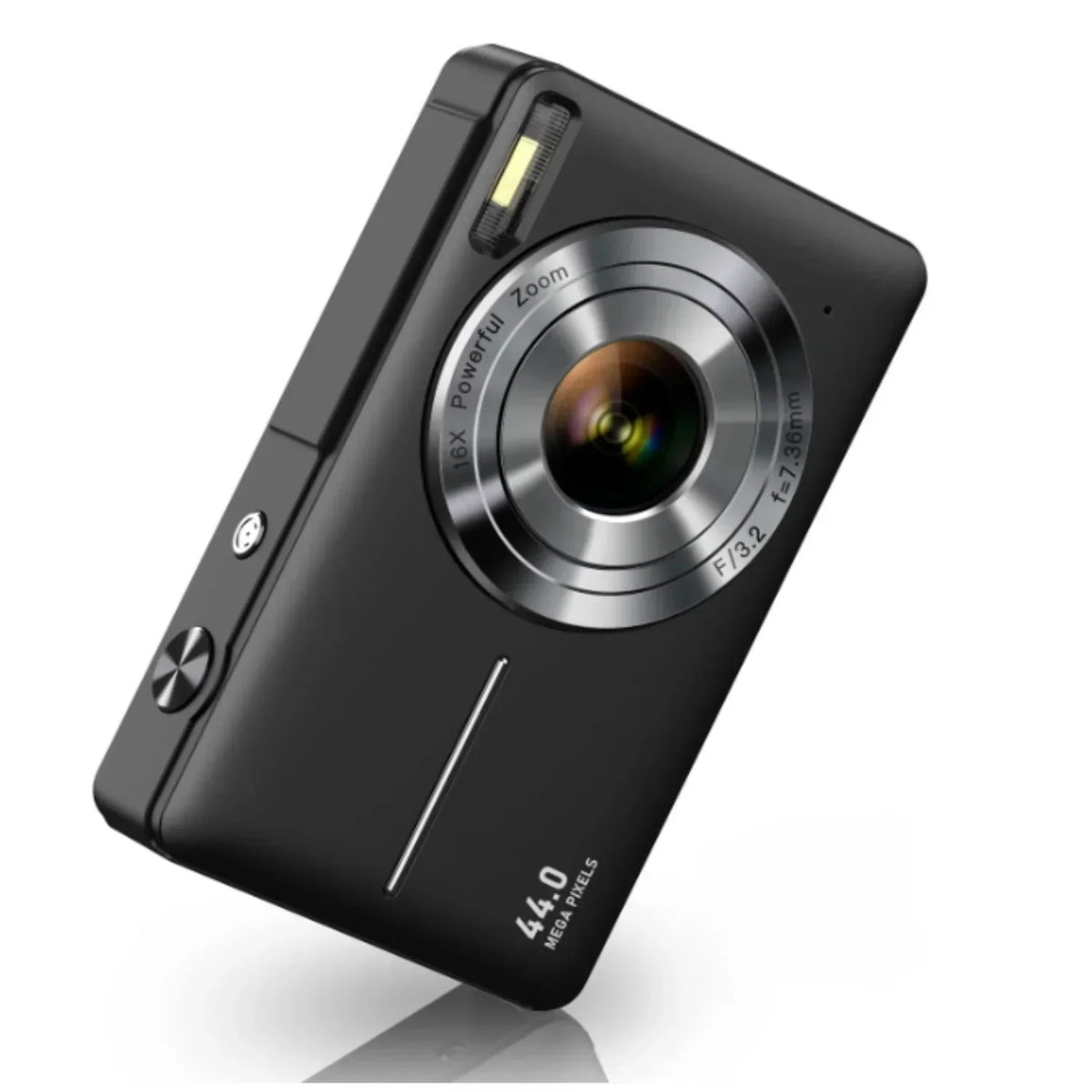 Black camera shown at an angle, with the flash, silver-edged lens ring and top buttons visible 9