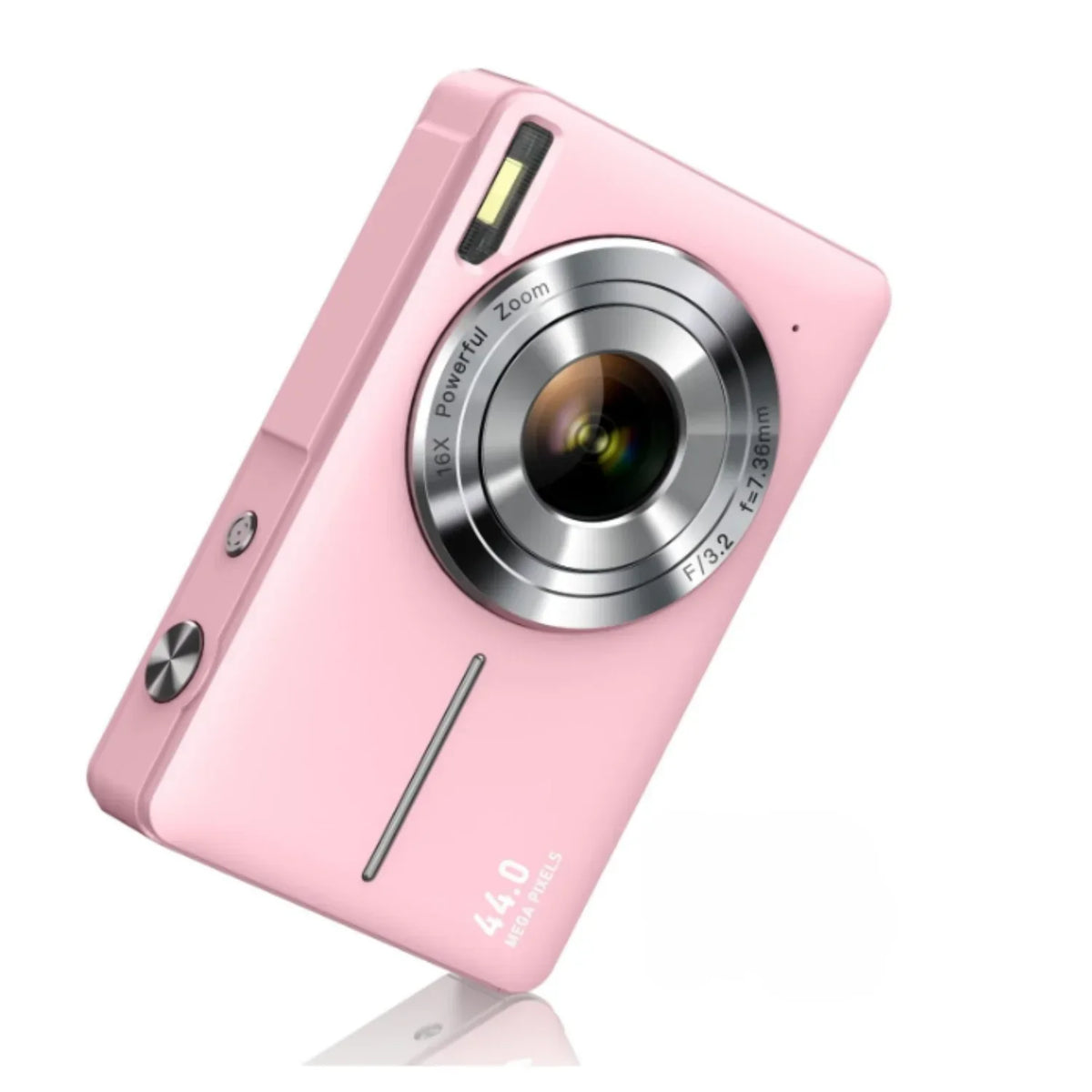 Pink camera angled to show the silver lens ring, flash and side buttons 7