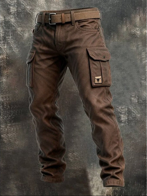 Brown cargo trousers with a matching belt, shown full length against a grey textured backdrop 1