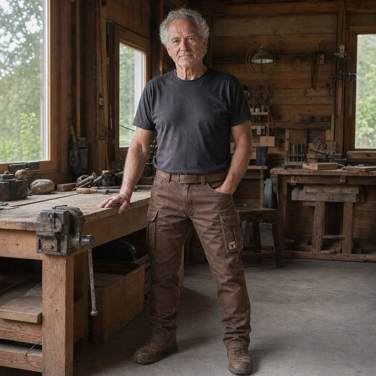 Man in brown cargo trousers and a dark t-shirt standing in a rustic wooden workshop 4