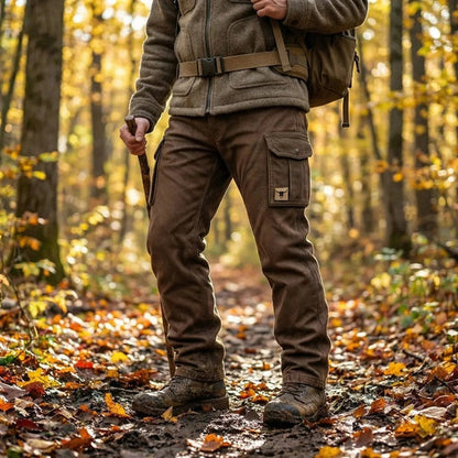 Man in brown cargo trousers, fleece jacket and boots walking a leafy autumn woodland path 2