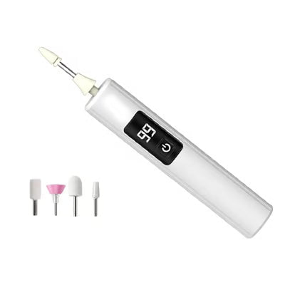 White pen-shaped device with a digital screen on a plain background, with four attachments lined up beneath 2