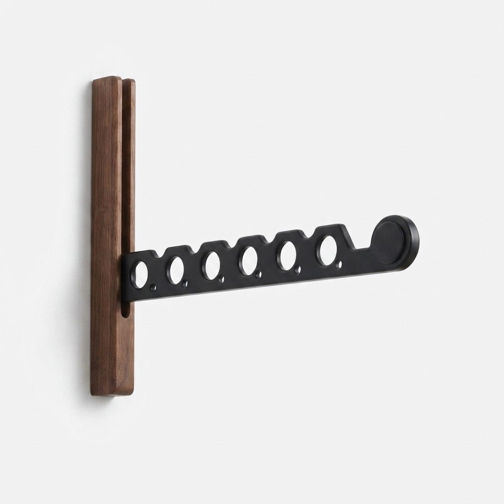Dark wooden rack with its black six-hole arm extended, shown against a plain white background. 11