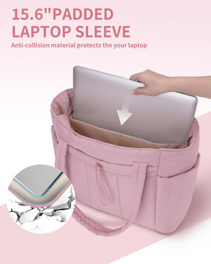 Padded puffer tote with cup holder and laptop compartment for travel and work