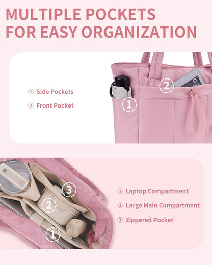 Padded puffer tote with cup holder and laptop compartment for travel and work