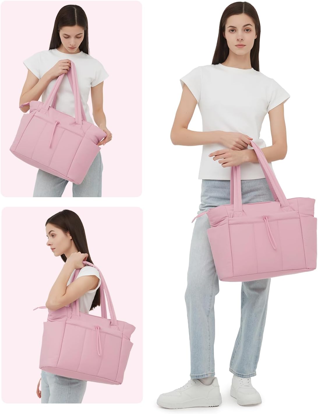 Padded puffer tote with cup holder and laptop compartment for travel and work