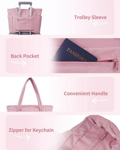 Padded puffer tote with cup holder and laptop compartment for travel and work
