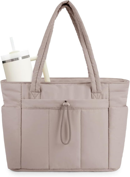 Padded puffer tote with cup holder and laptop compartment for travel and work