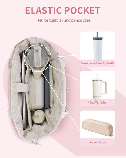 Padded puffer tote with cup holder and laptop compartment for travel and work