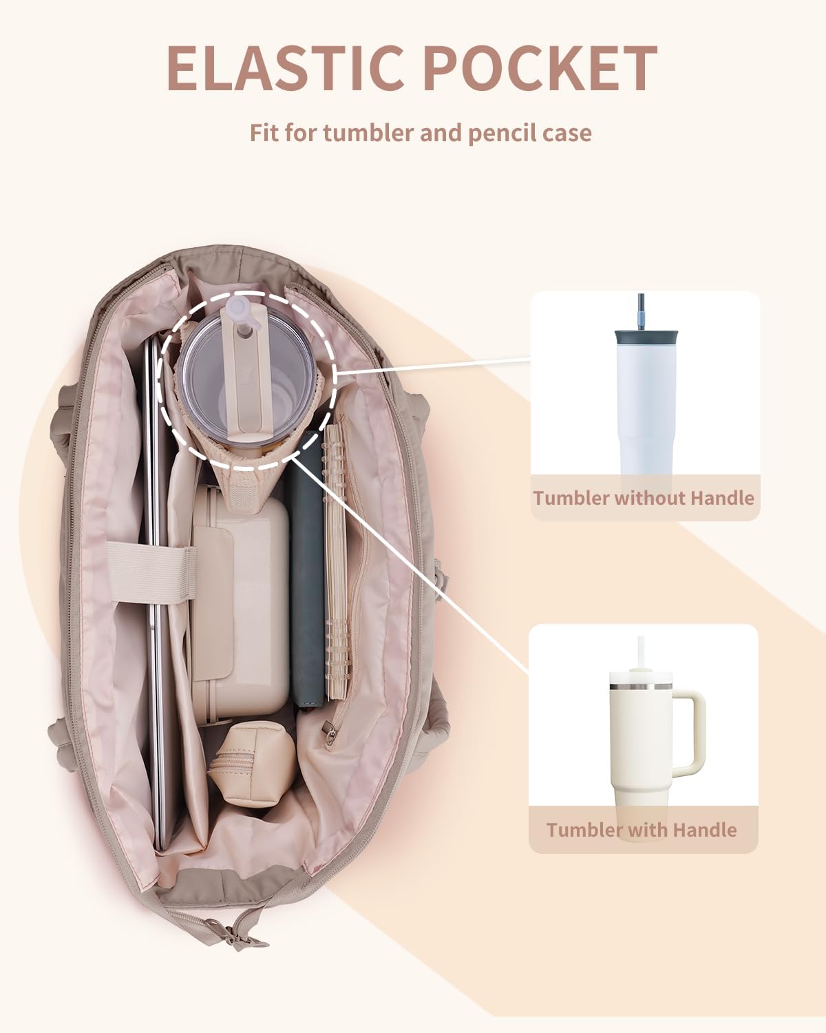 Padded puffer tote with cup holder and laptop compartment for travel and work