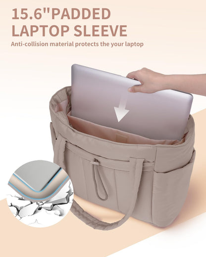 Padded puffer tote with cup holder and laptop compartment for travel and work