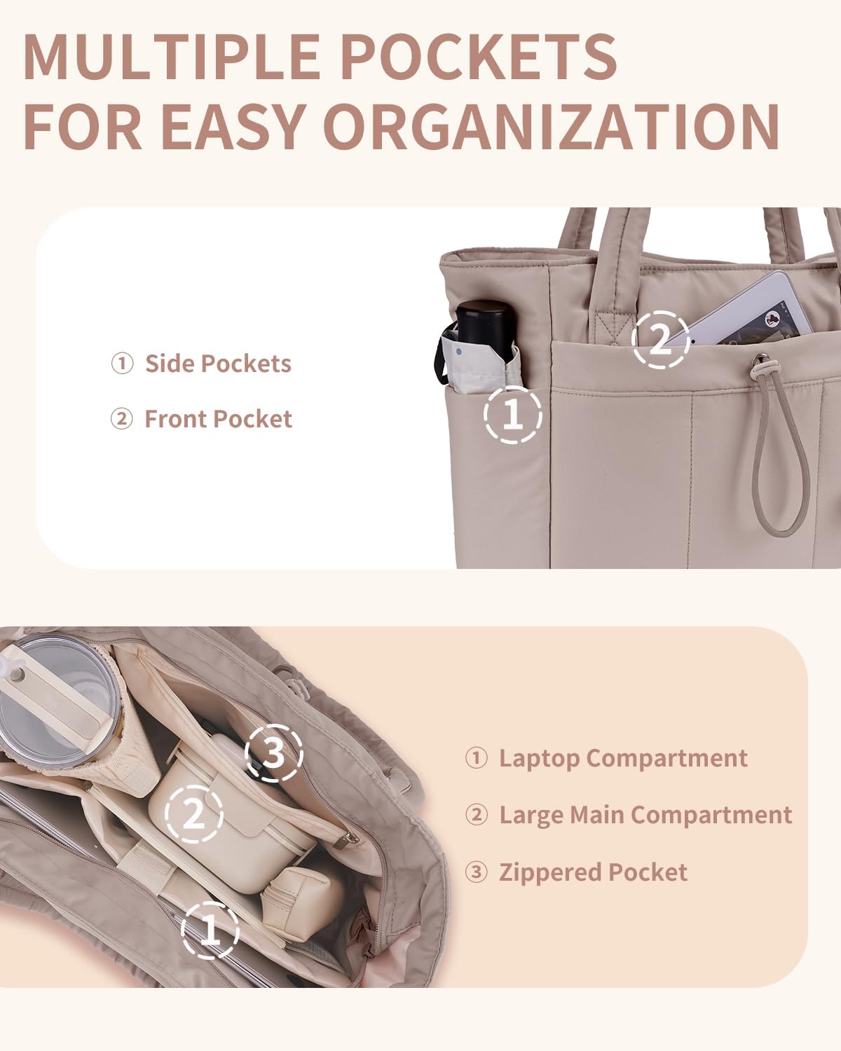 Padded puffer tote with cup holder and laptop compartment for travel and work