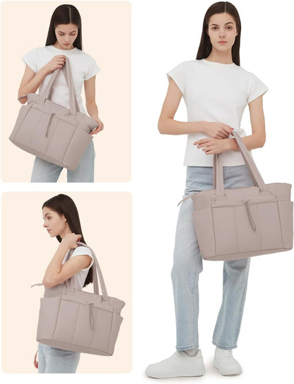 Padded puffer tote with cup holder and laptop compartment for travel and work