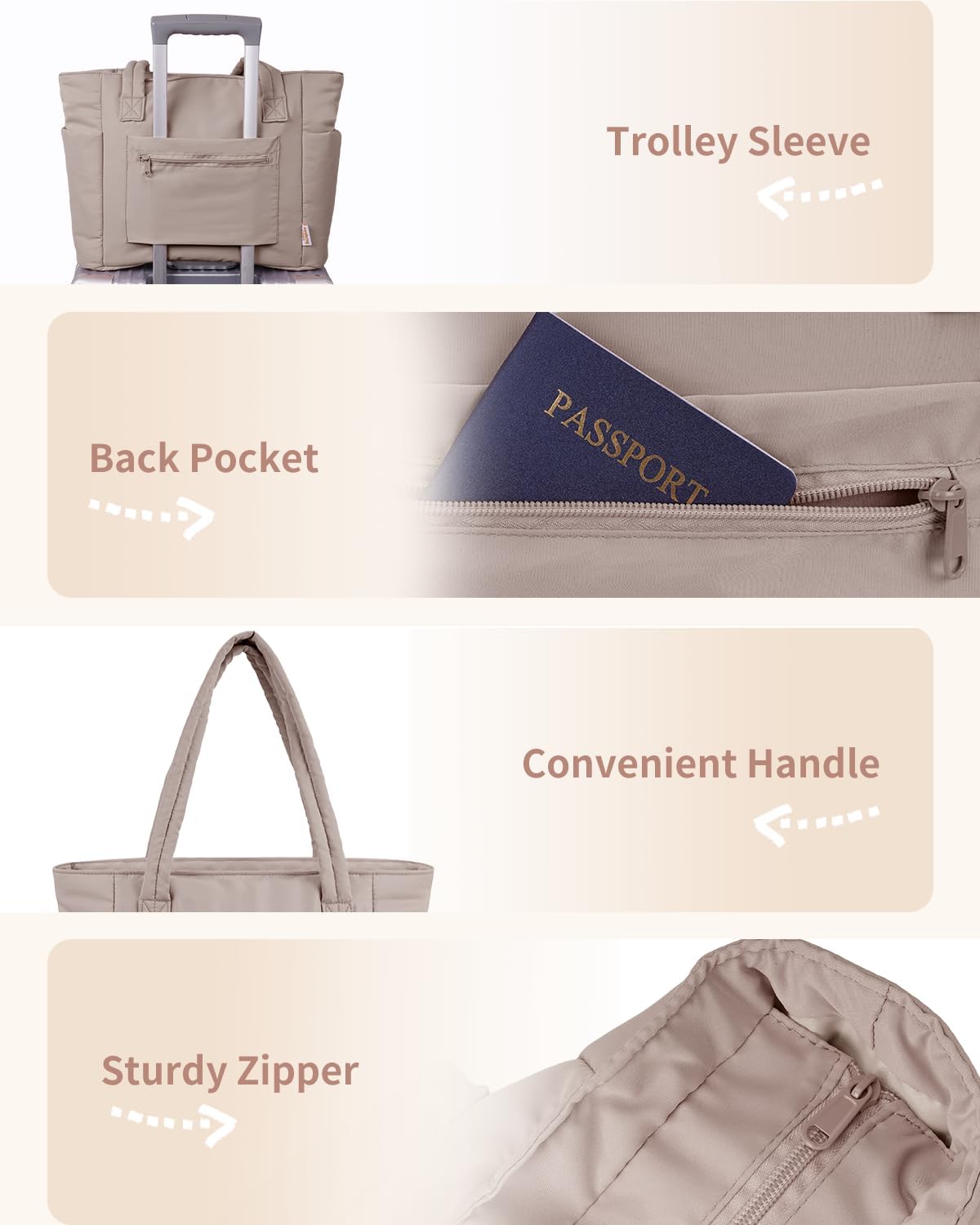 Padded puffer tote with cup holder and laptop compartment for travel and work