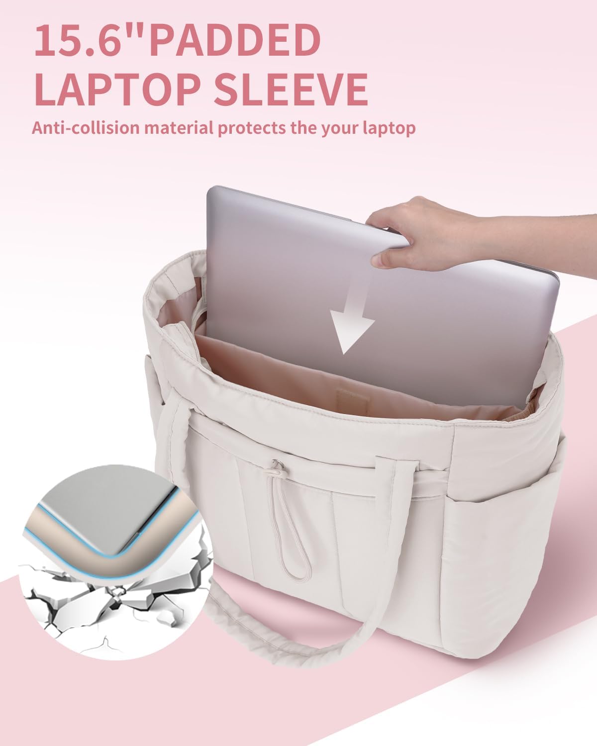 Padded puffer tote with cup holder and laptop compartment for travel and work