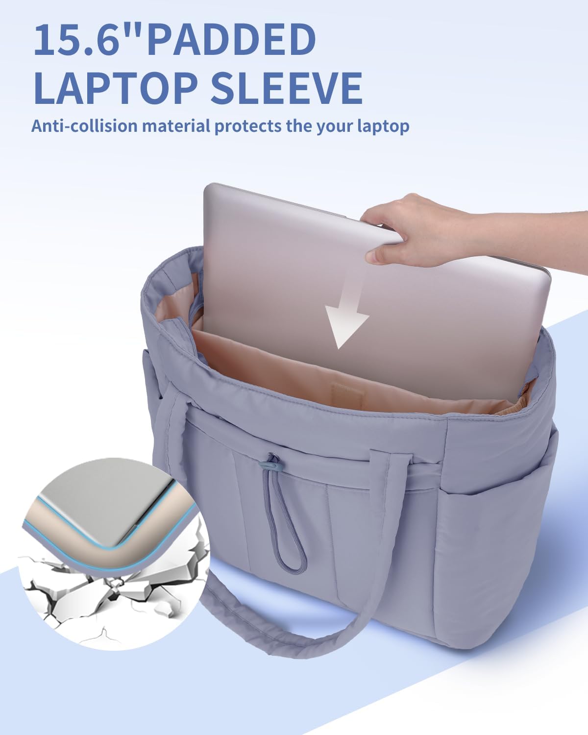 Padded puffer tote with cup holder and laptop compartment for travel and work