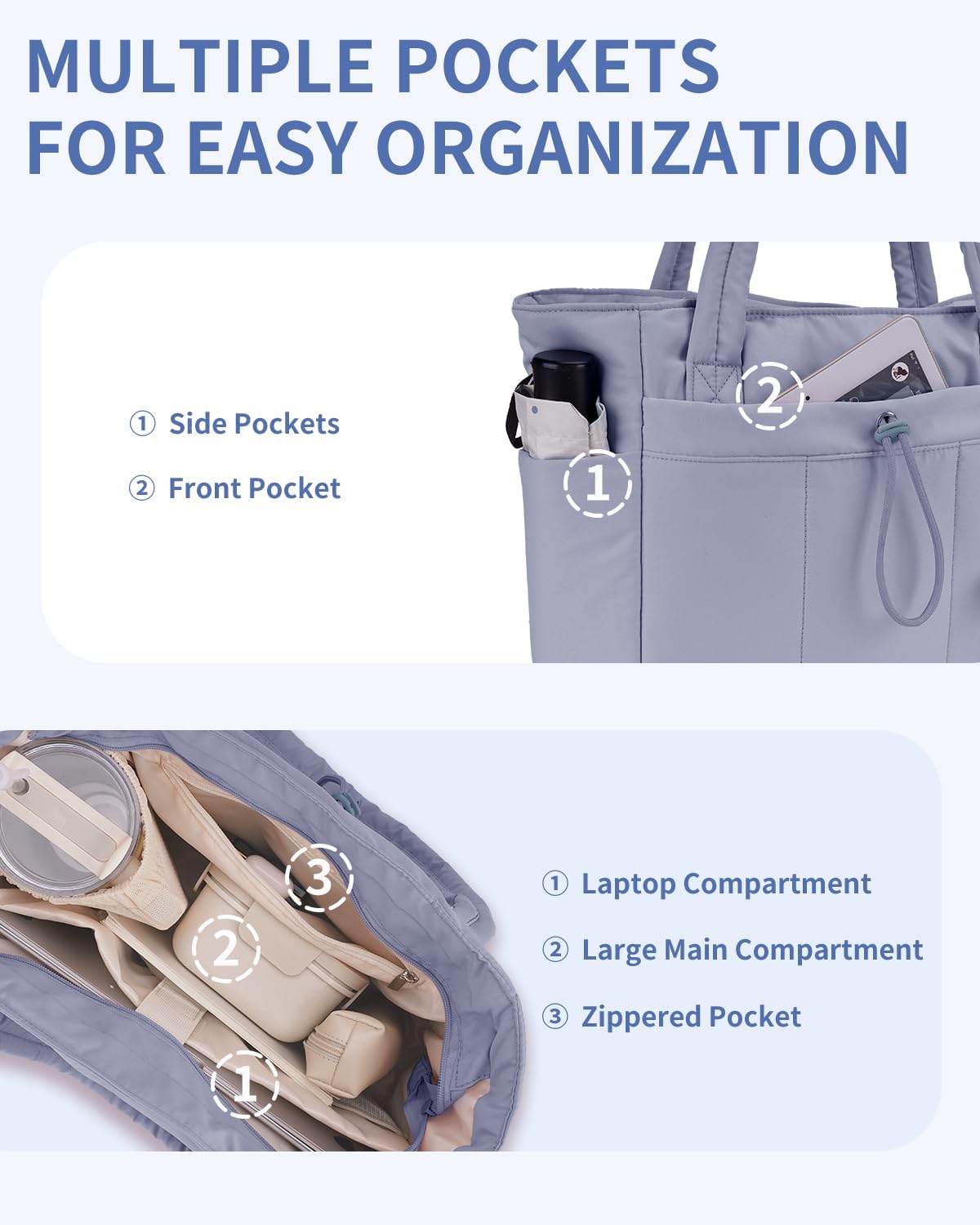 Padded puffer tote with cup holder and laptop compartment for travel and work