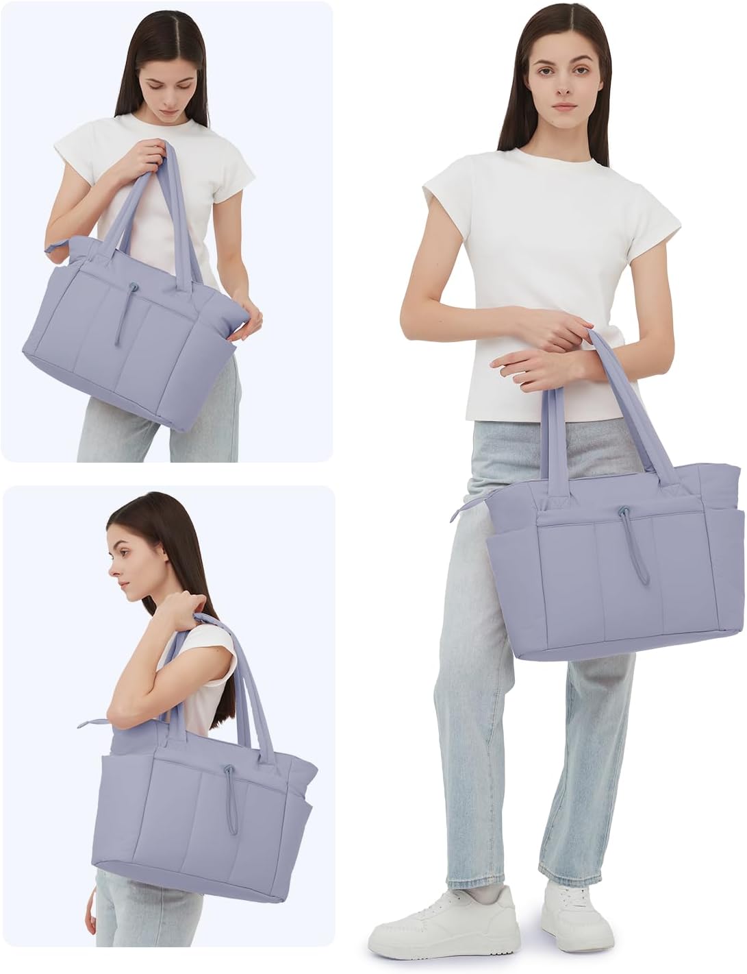 Padded puffer tote with cup holder and laptop compartment for travel and work