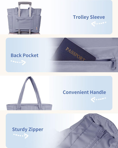 Padded puffer tote with cup holder and laptop compartment for travel and work