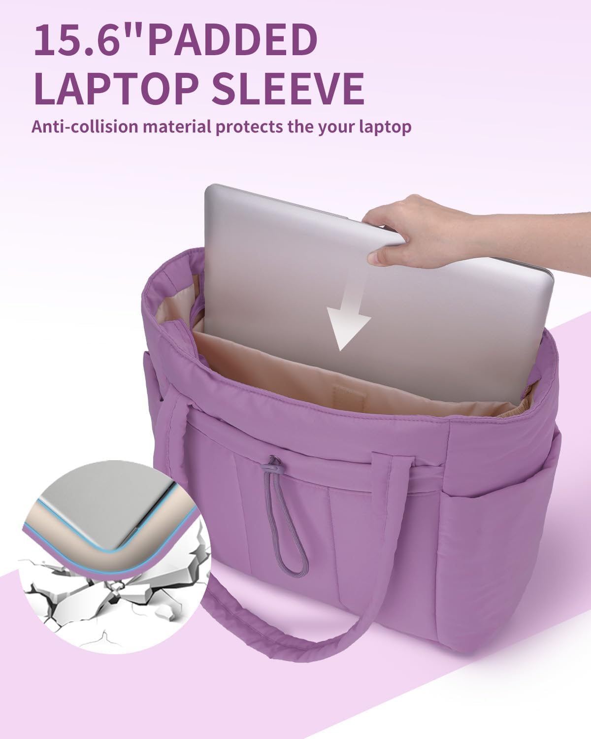 Padded puffer tote with cup holder and laptop compartment for travel and work