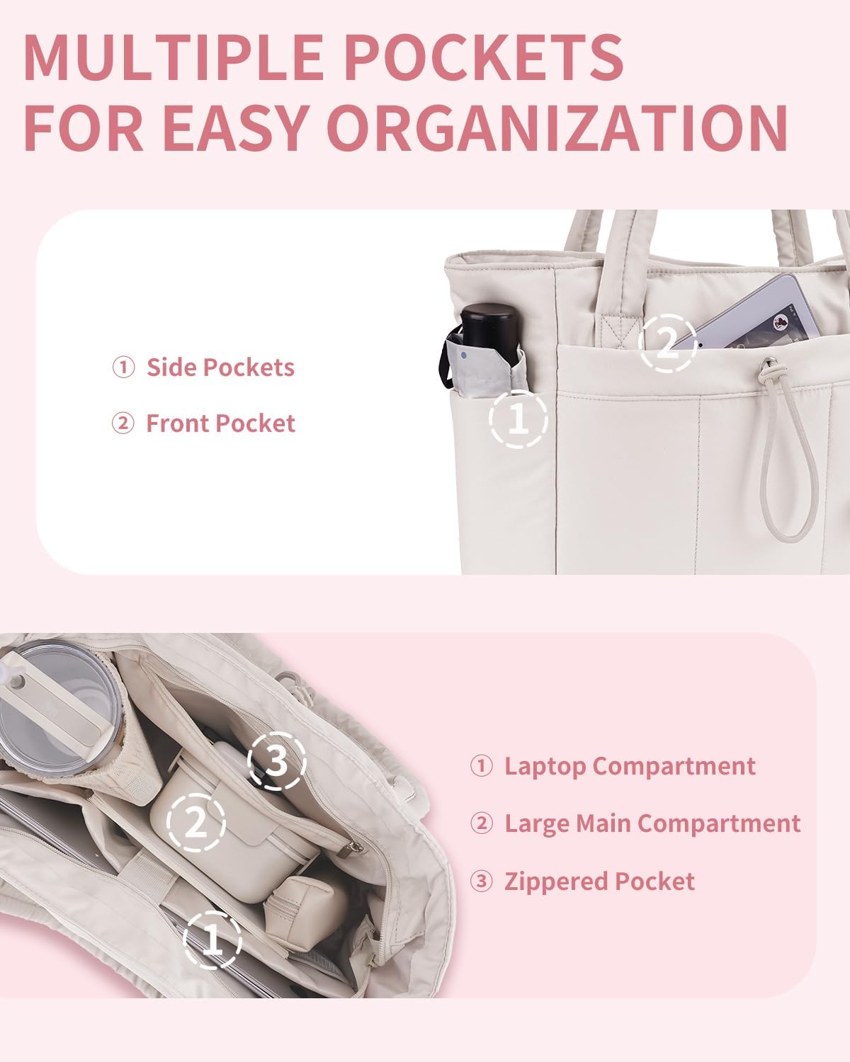 Padded puffer tote with cup holder and laptop compartment for travel and work