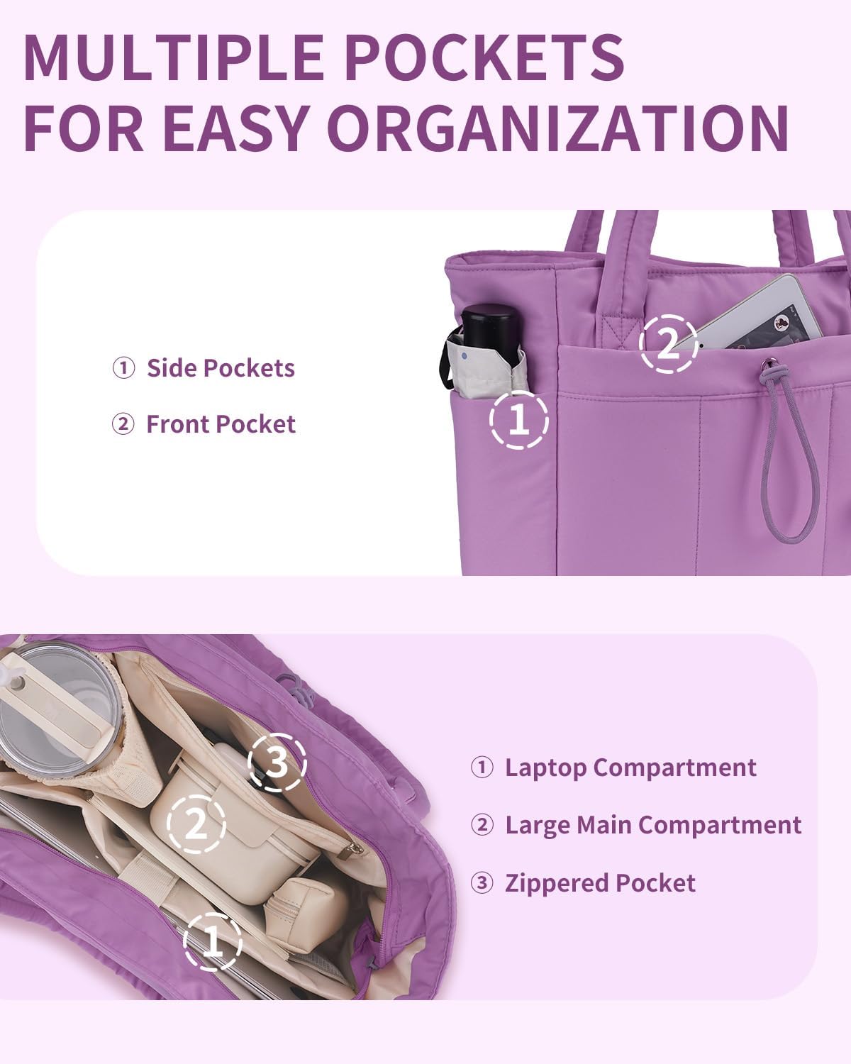 Padded puffer tote with cup holder and laptop compartment for travel and work