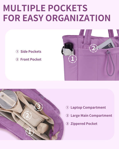 Padded puffer tote with cup holder and laptop compartment for travel and work