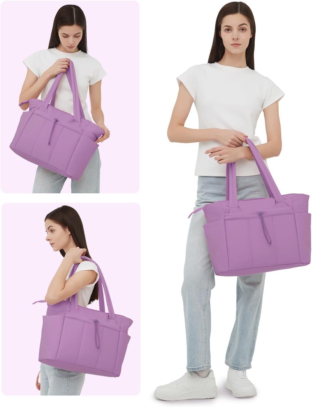 Padded puffer tote with cup holder and laptop compartment for travel and work
